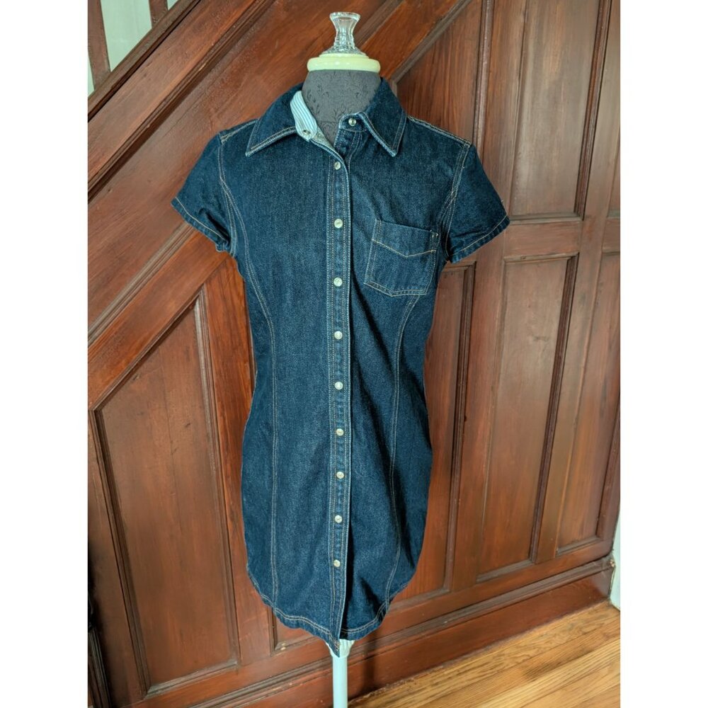Tommy Hilfiger Y2K Denim Snap-Up Dress Size 8 With Short Sleeves & Chest Pocket